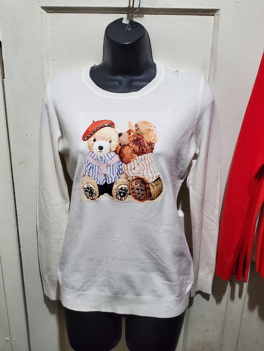 White Sweater with Cute Teddy Bear Print Size S/M